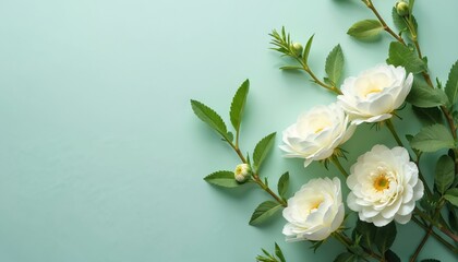 Poster - Elegant floral arrangement of white roses with green leaves on pastel blue backdrop. Fresh delicate flora design evokes calm, minimalist tone, ideal for spring home decor artistic layout. Creative
