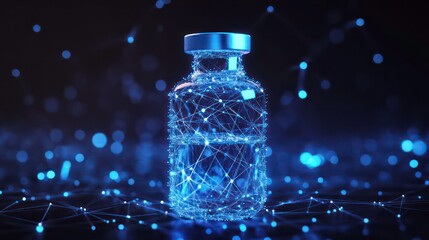 Poster - Glowing blue vial, rendered with interconnected points and lines, symbolizing a vaccine. Ideal for medical, healthcare, pharmaceutical, and immunization-related visuals