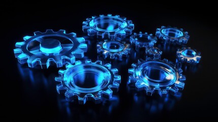 Poster - Multiple blue glowing gears of various sizes on a black background, symbolizing mechanics, technology, and innovation. Ideal for engineering, industrial, and teamwork concepts.