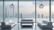 © Yana - A serene and modern living room in a sleek minimalist apartment, furnished with low-profile, snow-white sofas and a polished chrome coffee table, illuminated by geometric pendant lights with frosted g