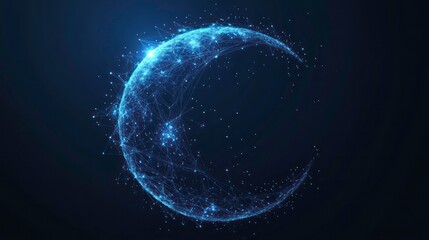 Poster - Blue glowing crescent moon, rendered with interconnected points and lines, against a dark background. Ideal for Islamic themes, Ramadan, astronomy, or night sky visuals.