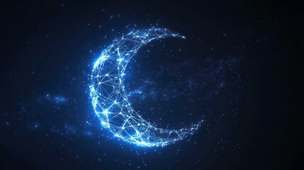 Poster - Blue glowing crescent moon, rendered with interconnected points and lines, against a dark background. Ideal for Islamic themes, Ramadan, astronomy, or night sky visuals.