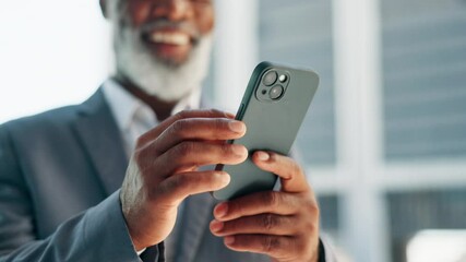Poster - Happy, city and hands of businessman with phone for social networking, connection and contact. Professional, corporate and mature person in town on smartphone laugh for message, website and internet