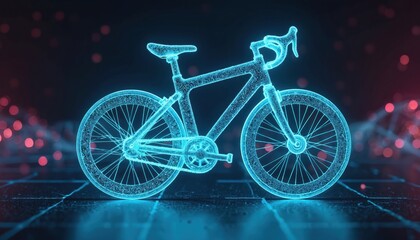 Aufkleber - Glowing wireframe bicycle composed of blue lines, dots against dark background. Futuristic digital tech transport bike concept. 3D render graphic, abstract design, minimal art with geometric style.