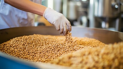 Aufkleber - In a modern food production facility, a worker wearing gloves carefully sorts and processes grains under the guidance of advanced ai technology.
