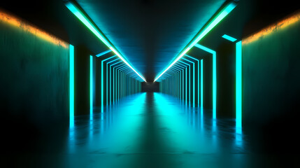 Wall Mural - glowing green and blue lights flowing through a dark space, futuristic atmosphere, blue light, ambie