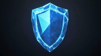 Poster - Blue glowing shield icon with a geometric, low-poly design, symbolizing cybersecurity. Ideal for technology, security, protection, defense, and data safety visuals
