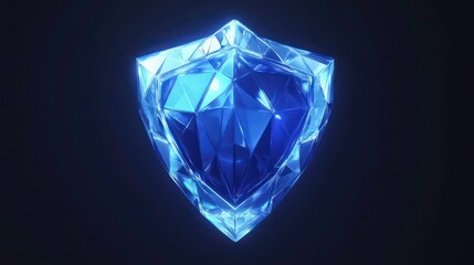 Poster - Blue glowing shield icon with a geometric, low-poly design, symbolizing cybersecurity. Ideal for technology, security, protection, defense, and data safety visuals