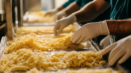 Poster - Workers wearing gloves carefully handle fresh pasta on a production line, utilizing technology to enhance food processing efficiency. The focus is on quality and hygiene in food preparation.