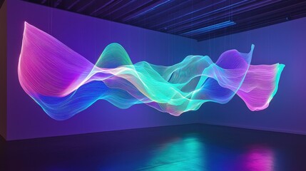 Poster - Colorful light waves undulate gracefully in an art gallery, showcasing a contemporary digital installation. The vivid hues bring an energetic ambiance to the creative space
