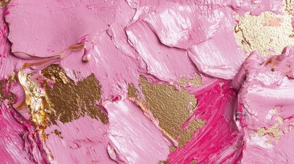 Poster - Bold strokes of pink and gold paint create an abstract texture, highlighting an artist's skill in blending colors and textures. This vibrant piece invites close examination
