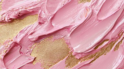 Poster - Vibrant application of pink and gold paint showcases a rich texture and contrast, capturing an artistic moment of creativity and expression. The layers interweave dynamically