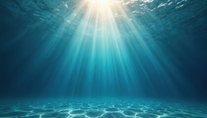 Aufkleber - Underwater scene featuring sun rays penetrating clear blue ocean water. Sunbeams illuminate depths creating abstract serene background. Light beams ripple through liquid creating bright clean