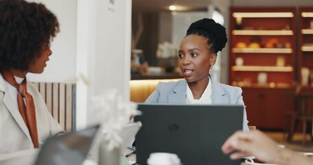 Poster - Meeting, cafe and woman with laptop, talking and plan for project with tech, sales manager or serious. Corporate, employee and discussion for collaboration in restaurant, business and people with web