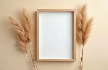 Aufkleber - Wooden photo frame mock-up with dry plant on beige background. Minimalist autumn composition flat lay, top view, copy space. Scandinavian interior design, frame picture, white blank paper for text.