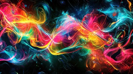 Poster - Bright and dynamic colors swirl together in an abstract pattern, creating a vibrant display of light and energy against a dark background. The movement evokes a sense of fluidity and excitement