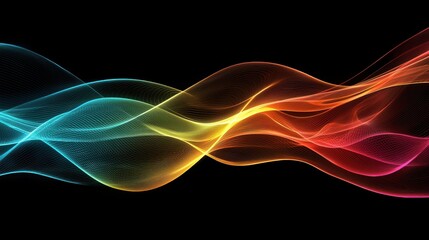Poster - Bright hues of blue, orange, and yellow weave through a dark backdrop, forming smooth, flowing waves that create an eye-catching abstract display of motion and color