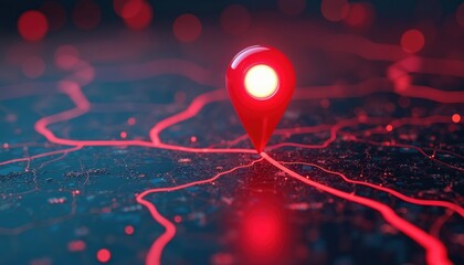 Leinwandbilder - Glowing red location pin on digital map with neon lines. Futuristic tech, global positioning system. Urban navigation interface in cyberspace network. Global communication datum with bright colours