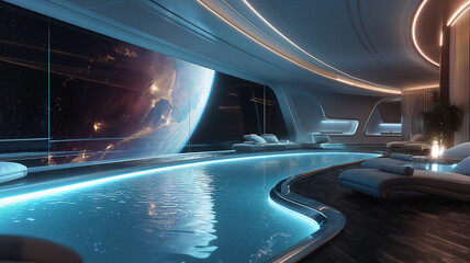 Aufkleber - This futuristic hotel features a zero gravity pool and breathtaking views of distant galaxies.