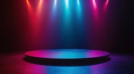 Poster - Empty stage illuminated by colorful spotlights, creating a vibrant and dynamic scene. Ideal for performance, event, or entertainment visuals.
