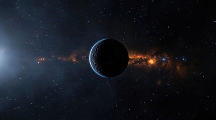 Wall Mural - a dark planet floats in space, surrounded by a vibrant galaxy filled with swirling stars and glowing