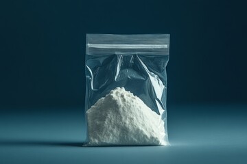 Studio shot of white powder in a transparent resealable plastic bag, suggesting illicit substances or baking ingredients