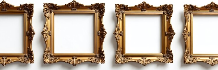 Poster - Four detailed hyperrealistic vintage gold picture frames isolated. Ornate gilded borders, classic baroque art, luxury decor objects. Empty white space for mockups. Use for wall gallery, certificate,