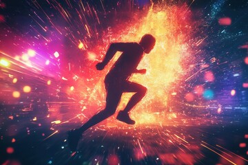 Poster - Dynamic silhouette of a runner amidst an explosive neon backdrop in a cyberpunk world infused with high-energy motion effects