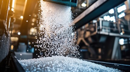 Poster - Sugar grains are being processed in a large industrial facility. Bright lights illuminate the area as the material pours from machinery onto a conveyor belt for further processing