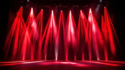 Poster - Red stage curtains illuminated by spotlights, creating a theatrical and dramatic scene. Ideal for performance, event, or entertainment visuals.