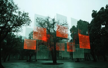 Poster - Rainy Park with Glowing Orange Rectangles Digital Art