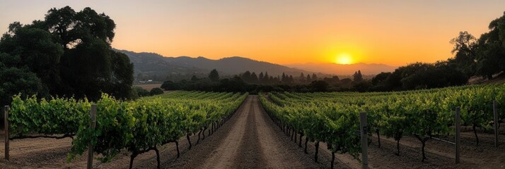 Poster - Vibrant vineyard at sunset with lush vines stretching towards a warm orange sky