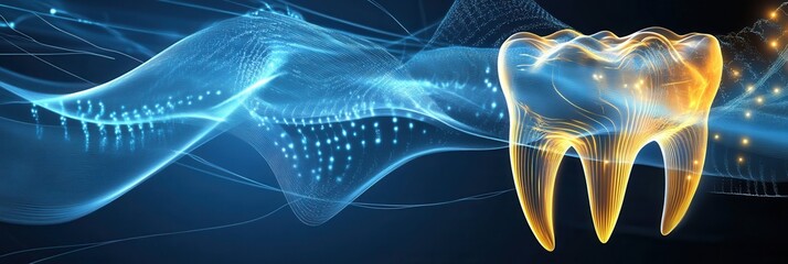 Aufkleber - Dynamic abstract background with glowing golden waves symbolizing dental implant healing and strength with futuristic light streaks