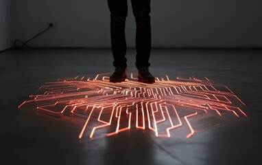 Poster - Person Standing on Glowing Red Circuit Board Projection