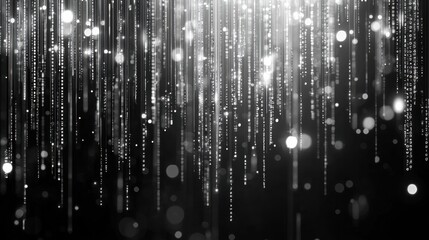  - Flowing lines of binary code descend as a digital rain, set against a dark backdrop. The shimmering lights and cascading numbers create a captivating visual experience