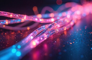 Aufkleber - Fiber optic cables transmit data along neon digital network. Information technology, high speed connection cable web structure, modern telecommunication equipment, glowing datum infrastructure on