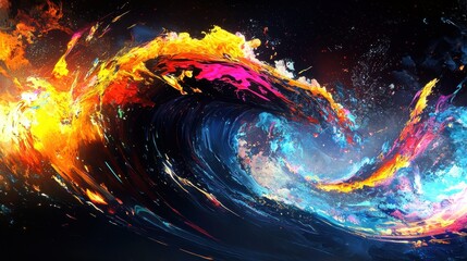 Poster - Bright waves of orange, pink, and blue flow dynamically across a dark background, creating an energetic and captivating visual. The interplay of colors evokes intense motion and depth