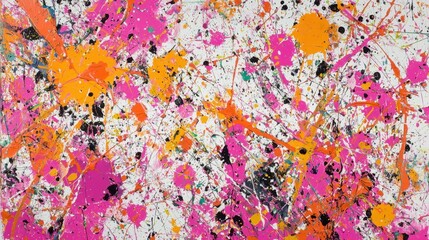 Poster - This artwork showcases a lively explosion of color featuring splatters in pink, orange, and black against a stark white background, creating a vibrant and energetic composition
