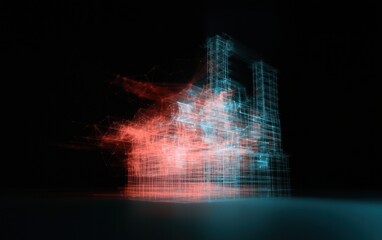 Poster - Abstract Digital Structure Dissolving into Red and Blue Particles