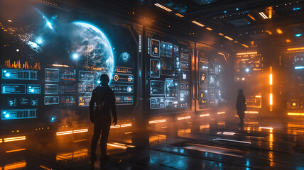 Aufkleber - This Two figures observe Earth from a high-tech control room designed for space tourism activities.