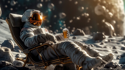 Aufkleber - This relaxed astronaut sips a drink while lounging on a chair amidst lunar terrain and asteroids.