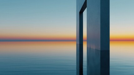 Poster - A tranquil sunset casts vibrant hues across calm waters. A large, minimalist geometric structure stands partially submerged, creating a stunning reflection on the surface