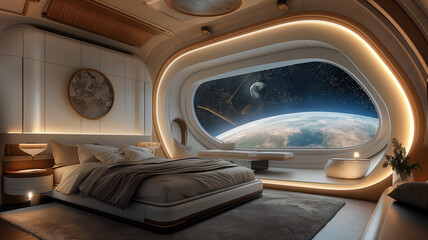 Aufkleber - This Passengers unwind in a luxury hotel room, admiring stunning Earth views from space.