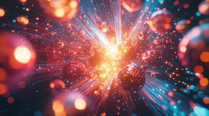 Poster - Cosmic particles collide and interact in a burst of color and light, creating an energetic display that captures the essence of the universes dynamic interactions