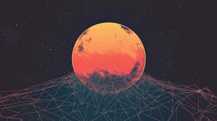 Earth in space low poly art illustration. 3d polygonal sunrise over planet. Cosmos exploration concept with connected dots and lines on dark backdrop. Solar system body vector color wireframe mesh