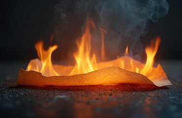 Poster - Orange flames burn piece of paper on dark grunge surface. Hot fire with heat. Destruction, molten lava flow with smoke. Burning hell background. Conceptual abstract design, damage, volcanic disaster.