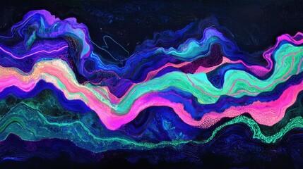 Poster - A striking abstract artwork showcases swirling waves of vivid colors like pink, blue, and green, creating a dynamic visual experience against a dark background. The textured layers add depth