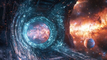 Poster - A stunning cosmic gateway opens into a vibrant universe filled with swirling galaxies, glowing nebulae, and distant planets, inviting exploration and adventure