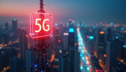 Aufkleber - Glowing 5G network sign atop tower in futuristic city at night. Digital art shows next generation wireless connectivity above cityscape. Communication technology concept, urban skyline, illuminated