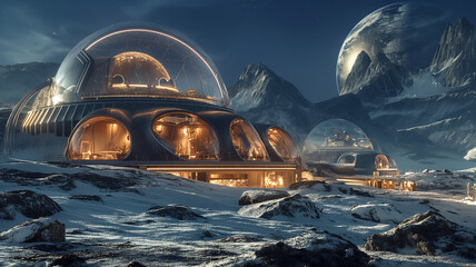 Aufkleber - This Futuristic hotel domes sit on a moonlit landscape, showcasing advanced design for space tourists.
